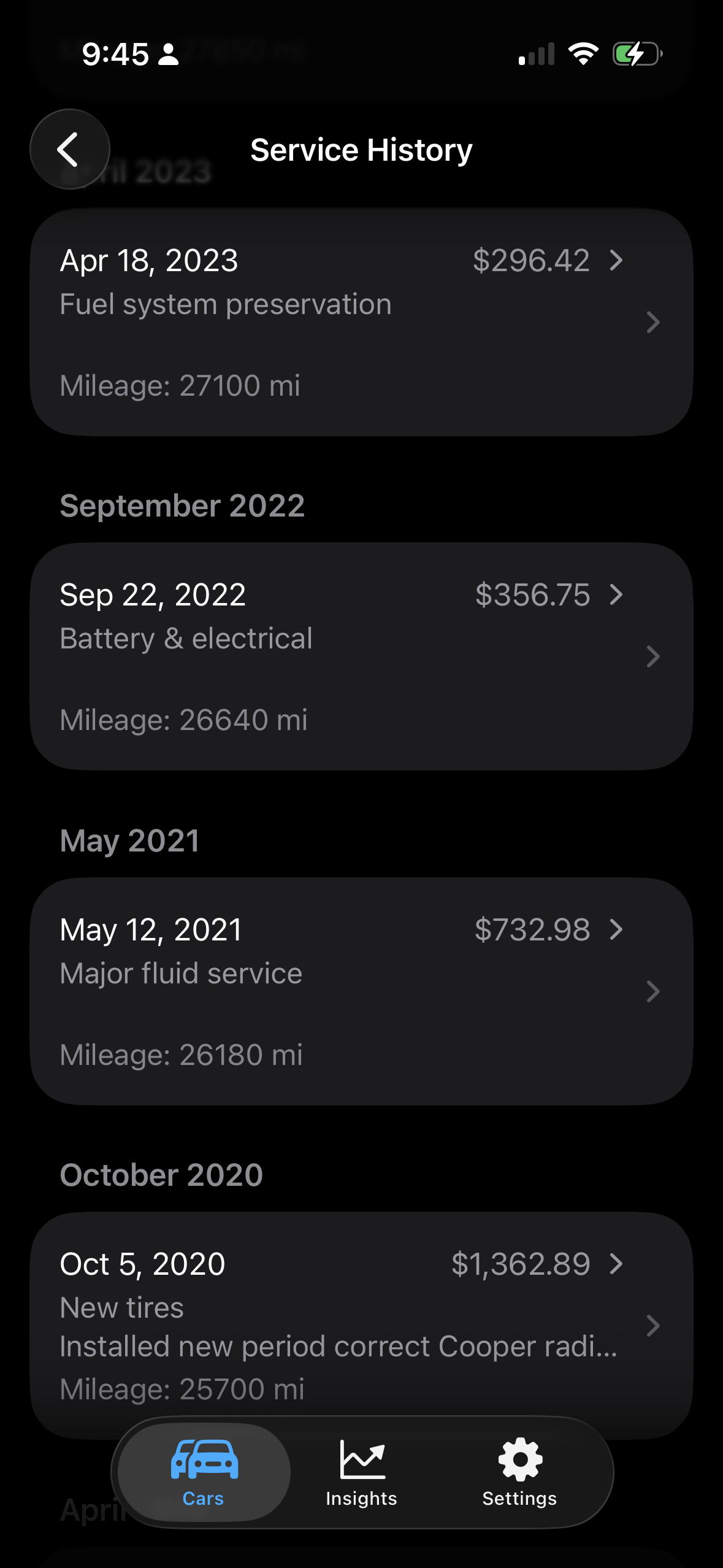 Service history screenshot