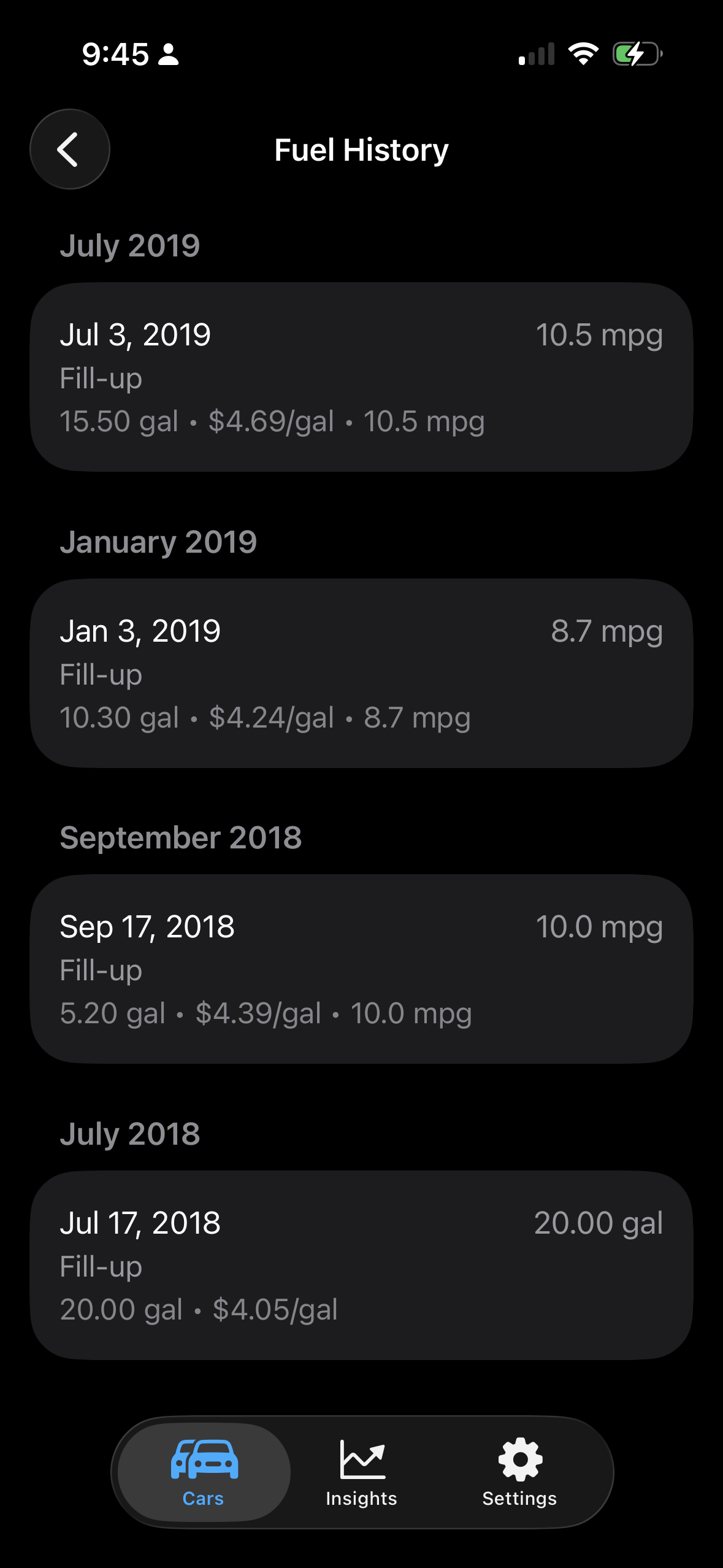 Fuel history screenshot