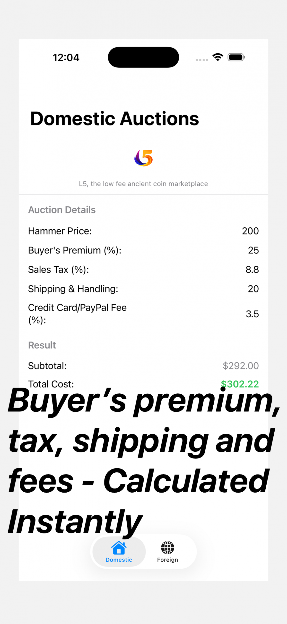 Instant fee calculation screenshot