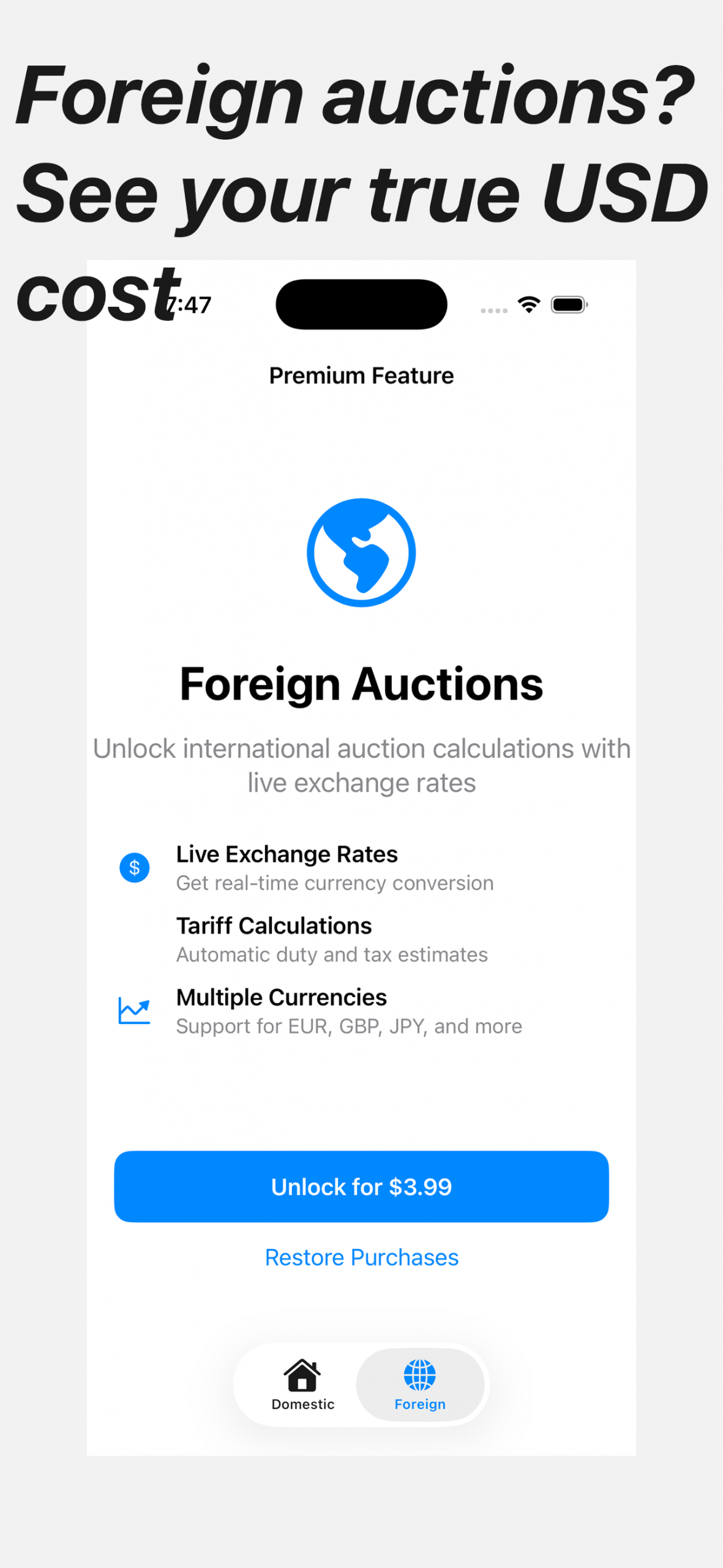Foreign auction exchange rate screenshot