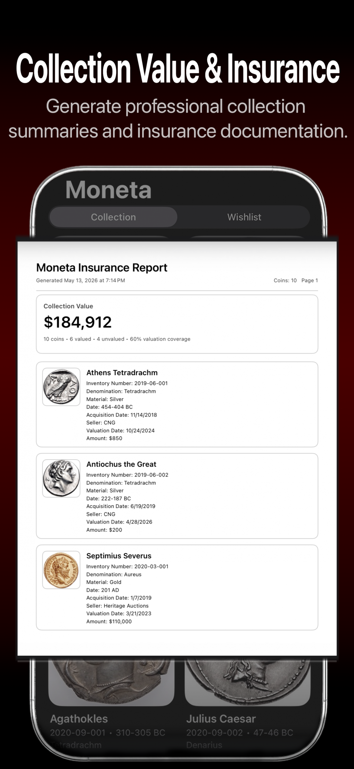 Moneta insurance report screenshot