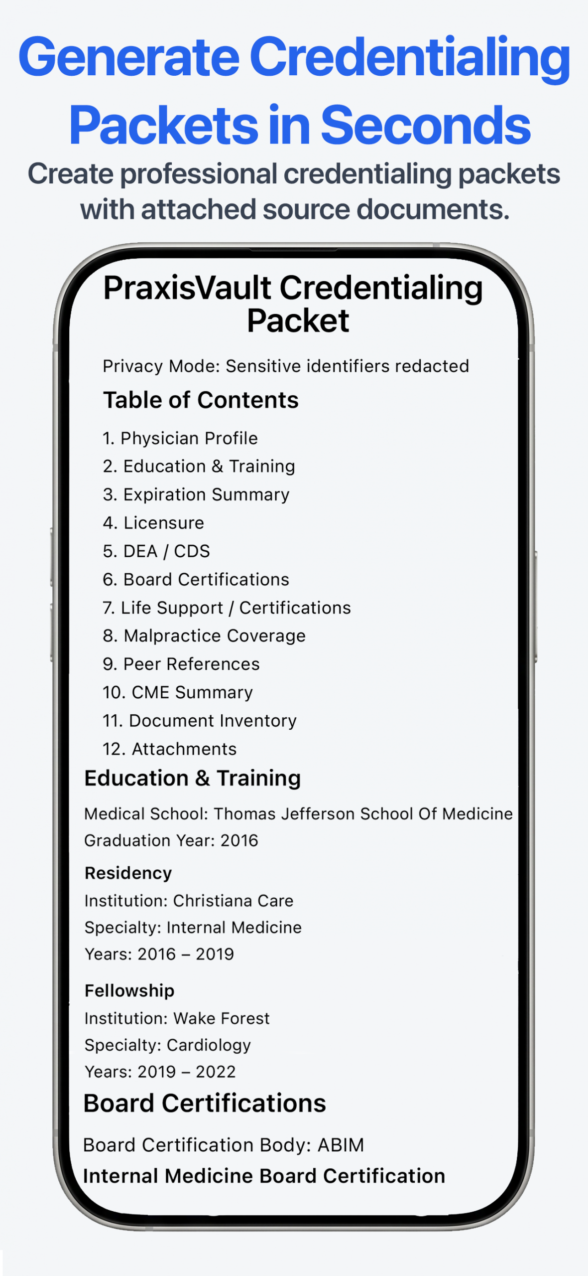 PraxisVault credentialing packet screenshot